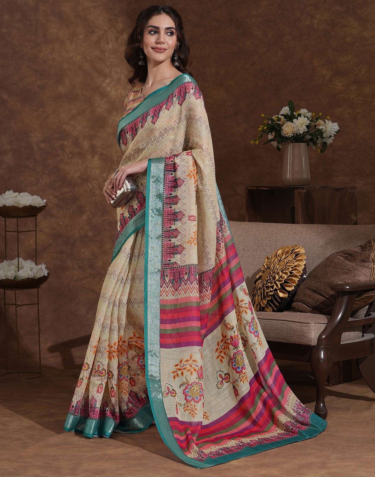 Dusty Beige Linen Woven Printed Saree