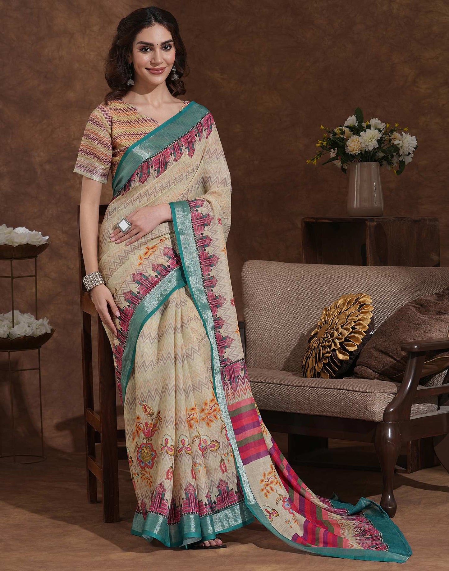 Dusty Beige Linen Woven Printed Saree