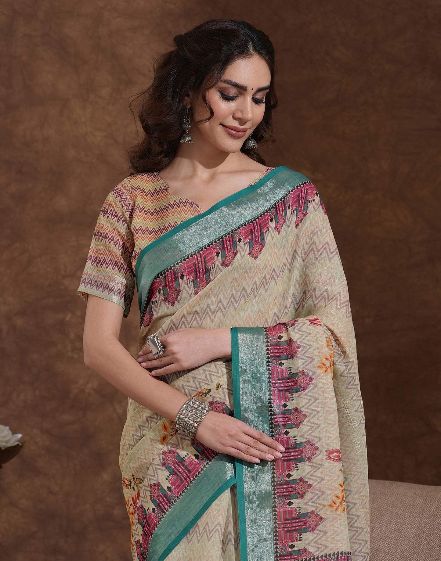 Dusty Beige Linen Woven Printed Saree