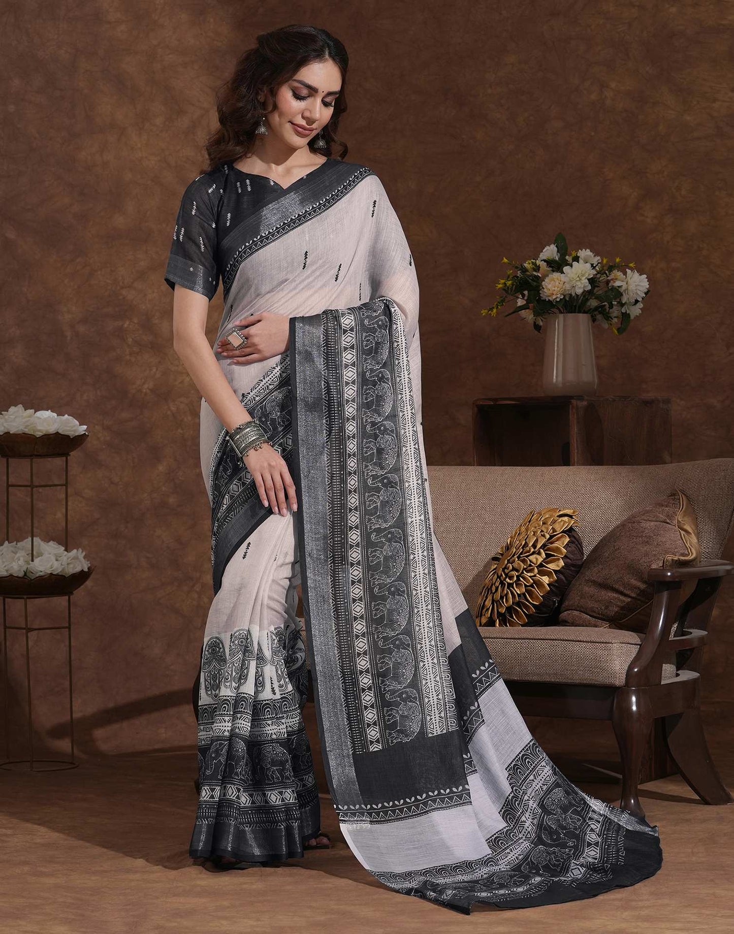 Off White Linen Woven Printed Saree