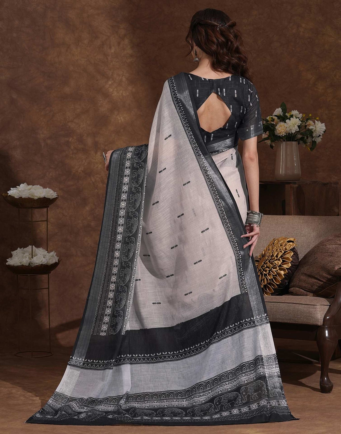 Off White Linen Woven Printed Saree