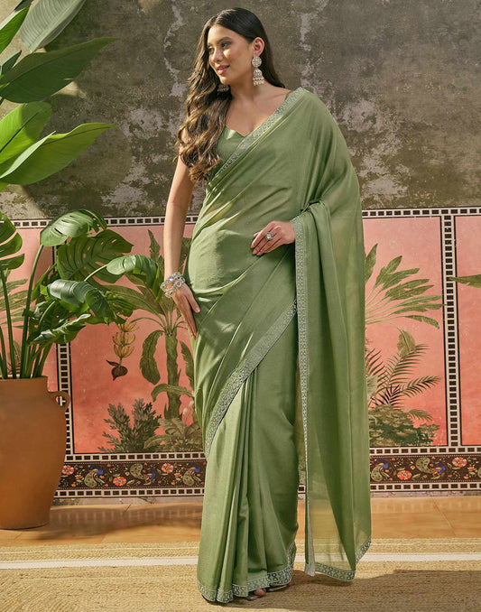Mehandi Green Shimmer Stone Work Swarovski Saree