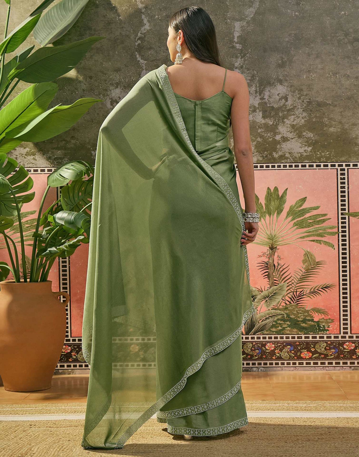 Mehandi Green Shimmer Stone Work Swarovski Saree