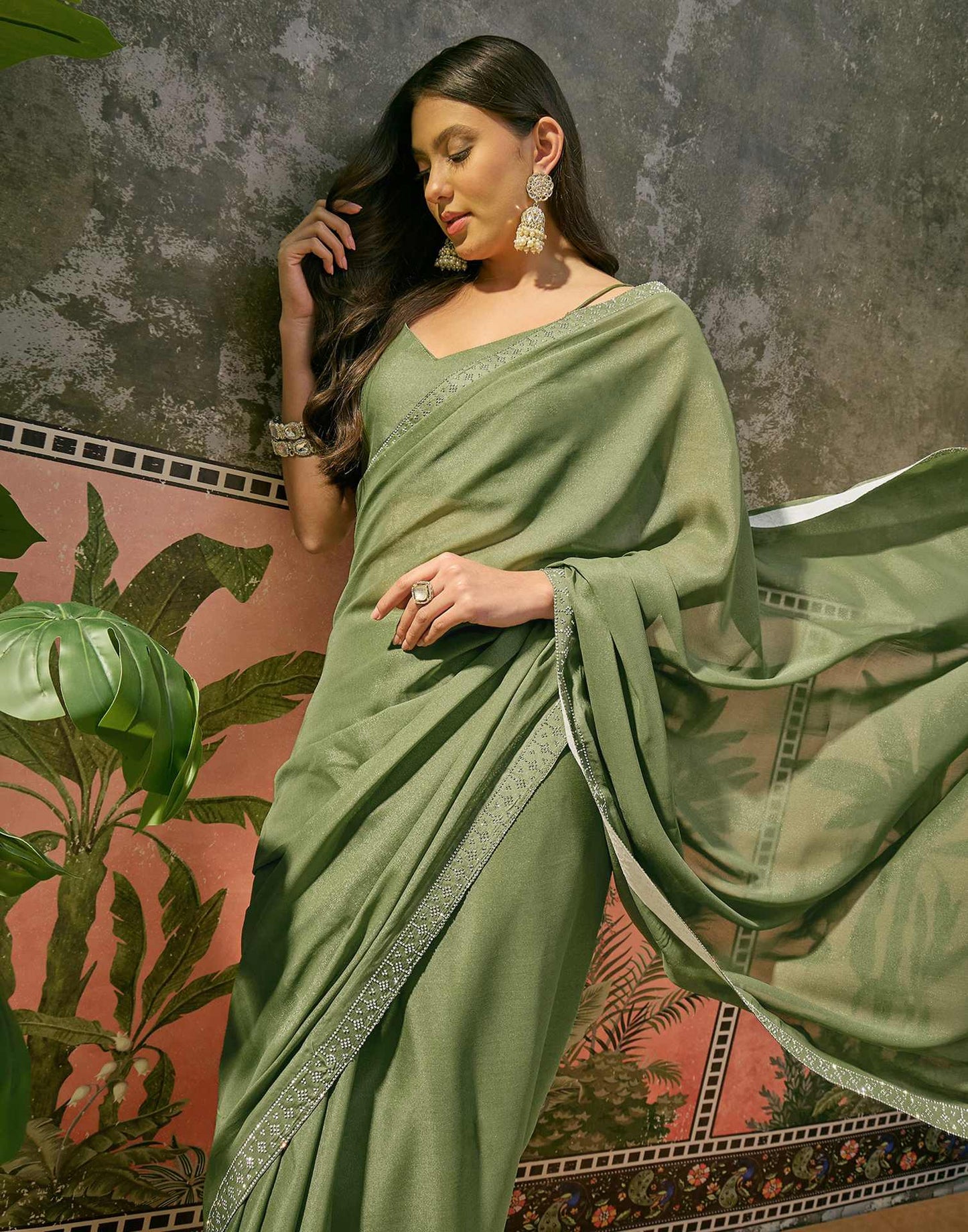 Mehandi Green Shimmer Stone Work Swarovski Saree