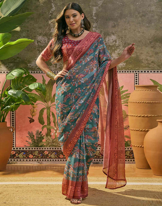 Dusty Teal Green Georgette Printed Saree