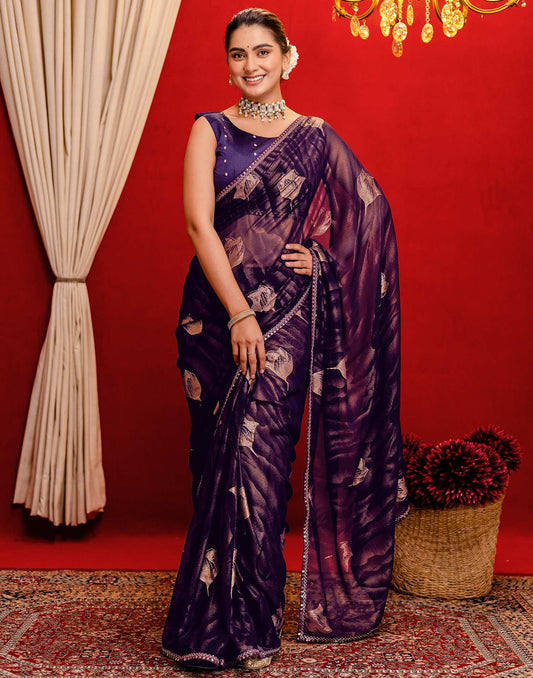 Dark Purple Georgette Foil Printed Lace Saree