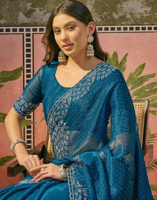 Peacock Blue Shimmer Stone Work Swarovski Saree