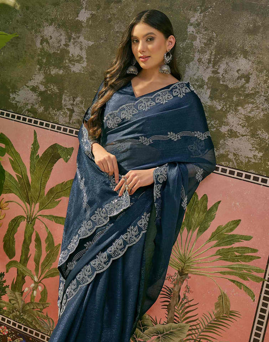 Navy Blue Shimmer Stone Work Embellished Saree