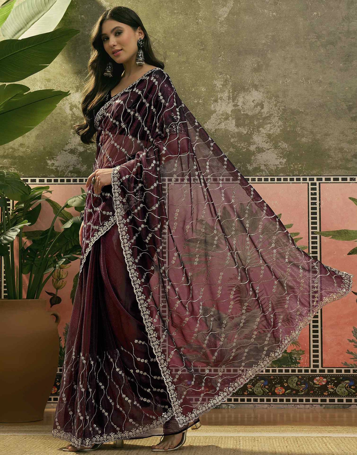 Wine Net Sequence Embroidery Saree