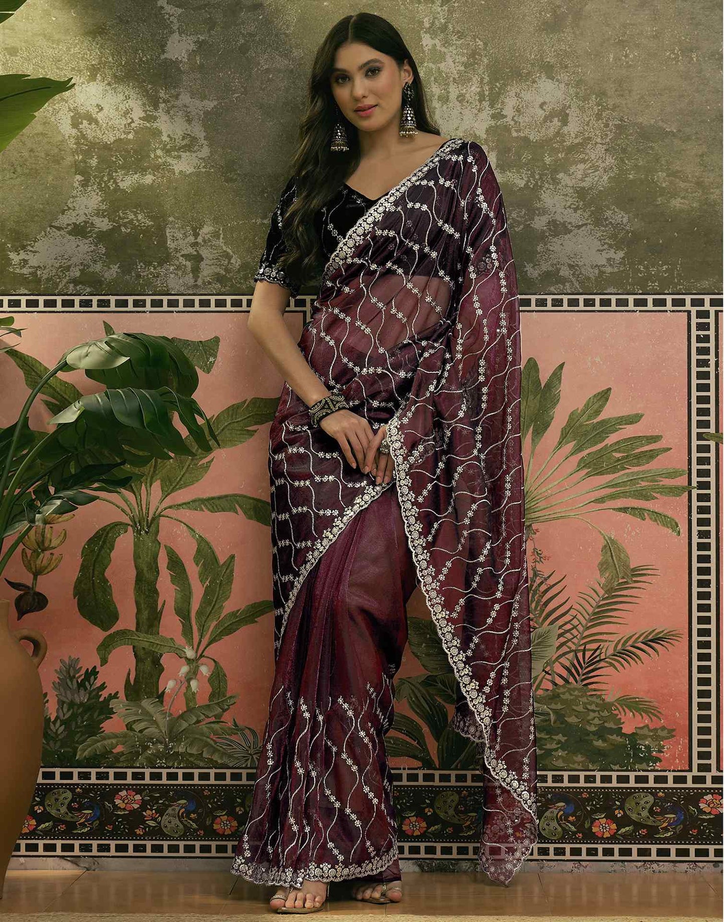 Wine Net Sequence Embroidery Saree