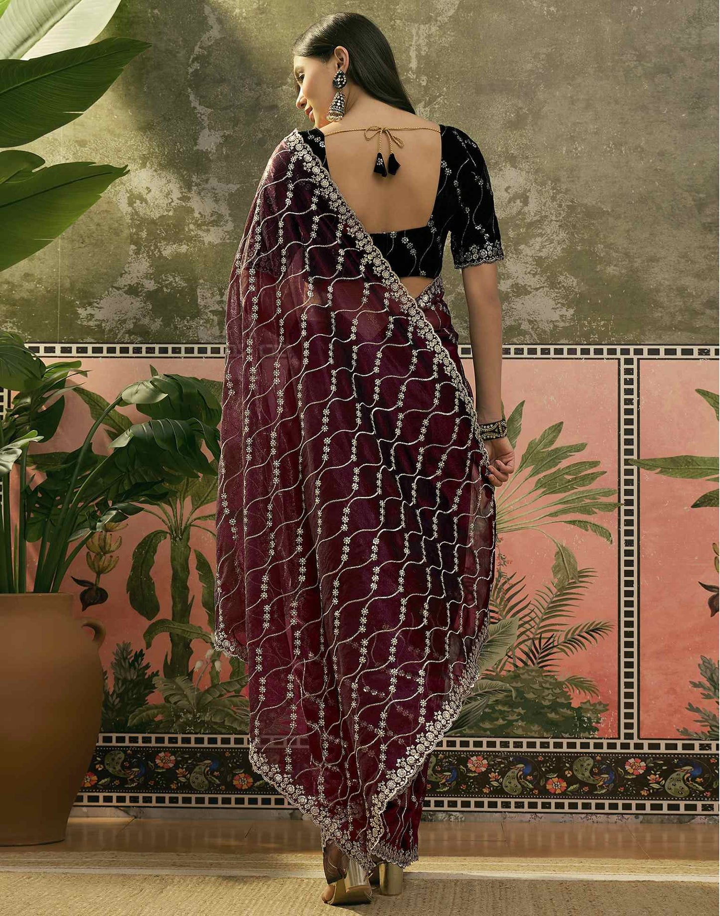 Wine Net Sequence Embroidery Saree