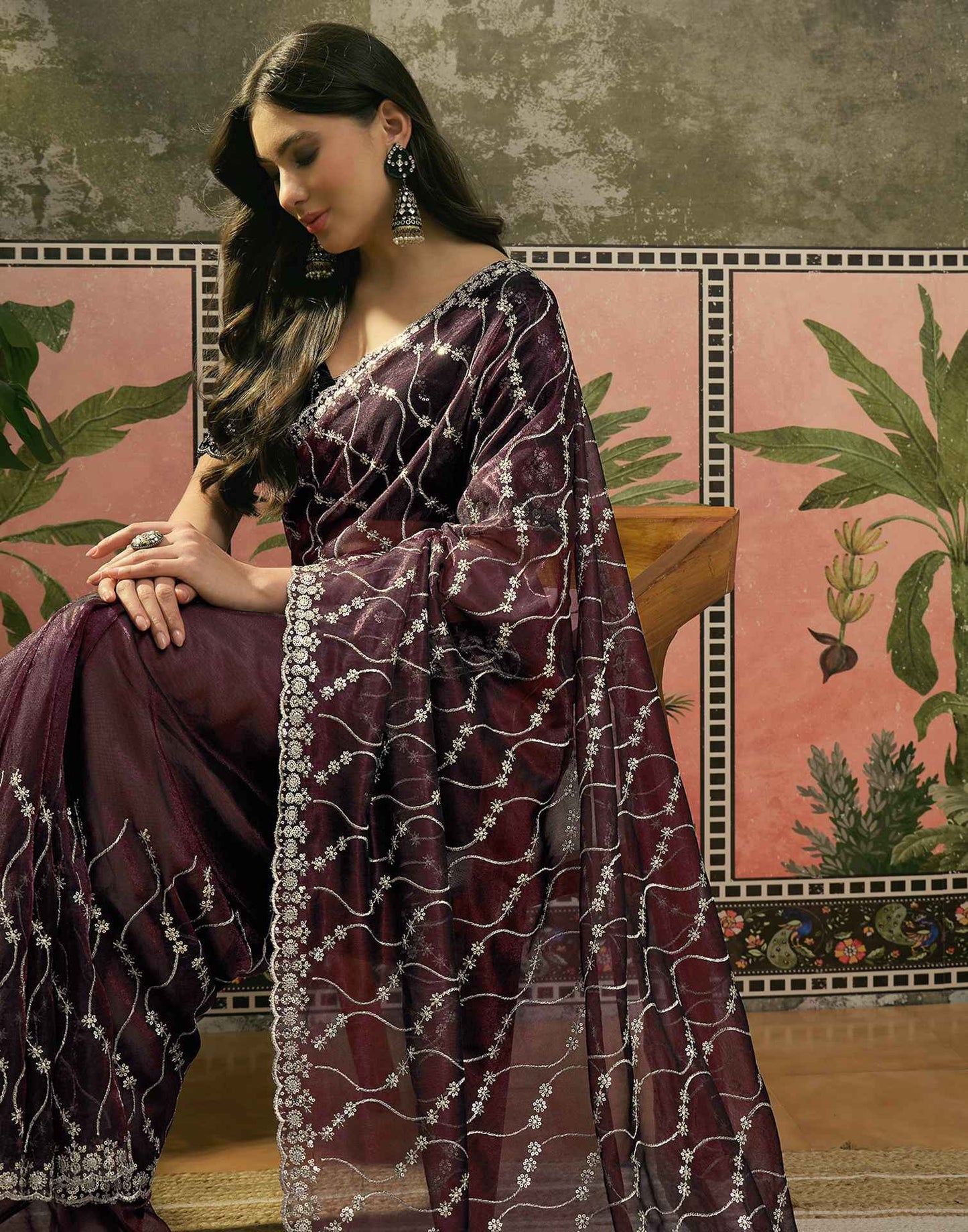 Wine Net Sequence Embroidery Saree