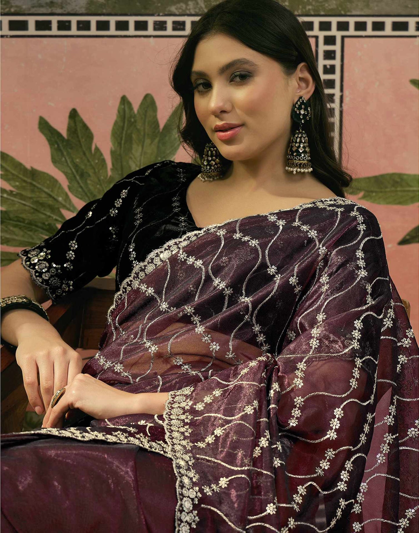 Wine Net Sequence Embroidery Saree
