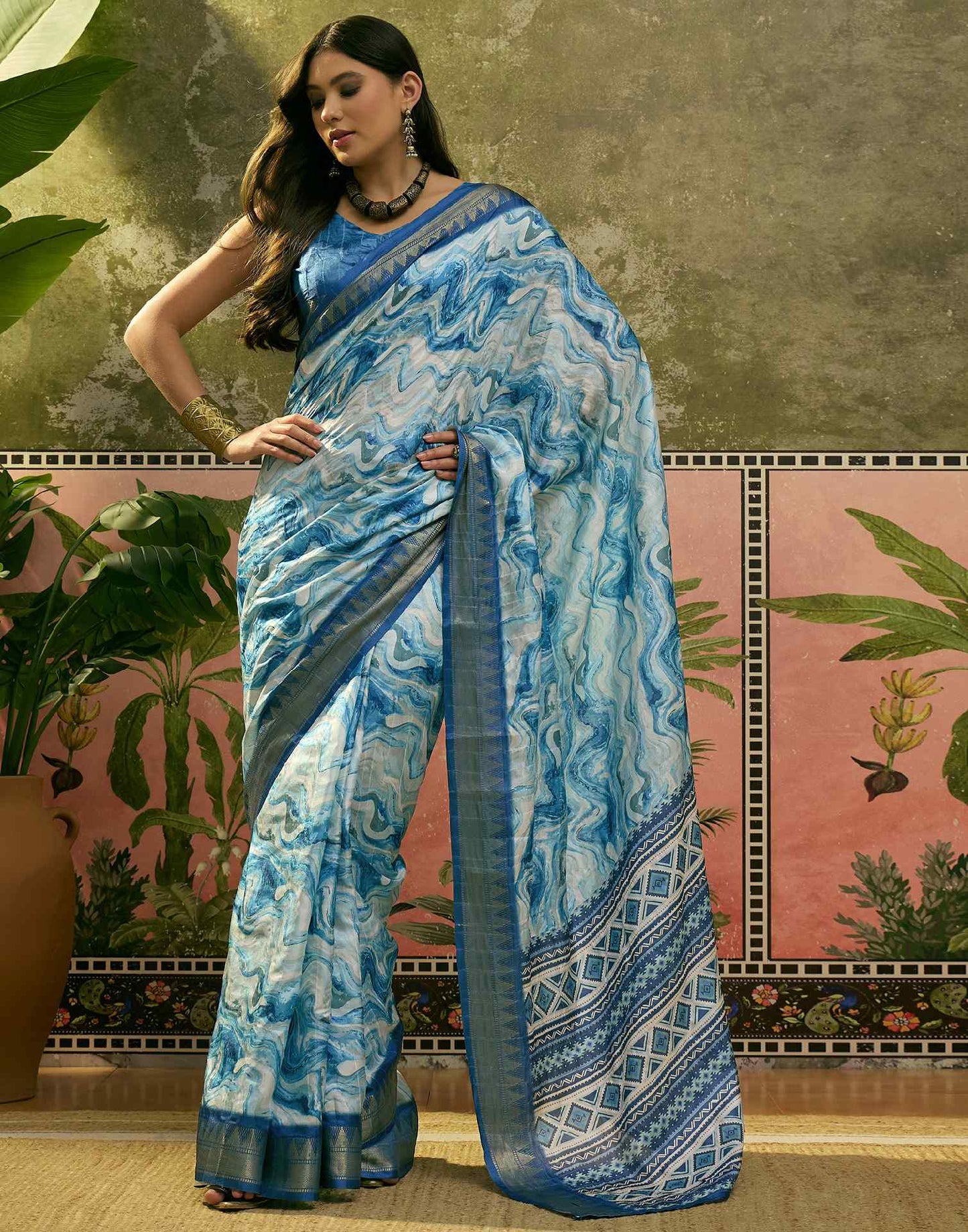 Sky Blue Silk Woven Printed Saree