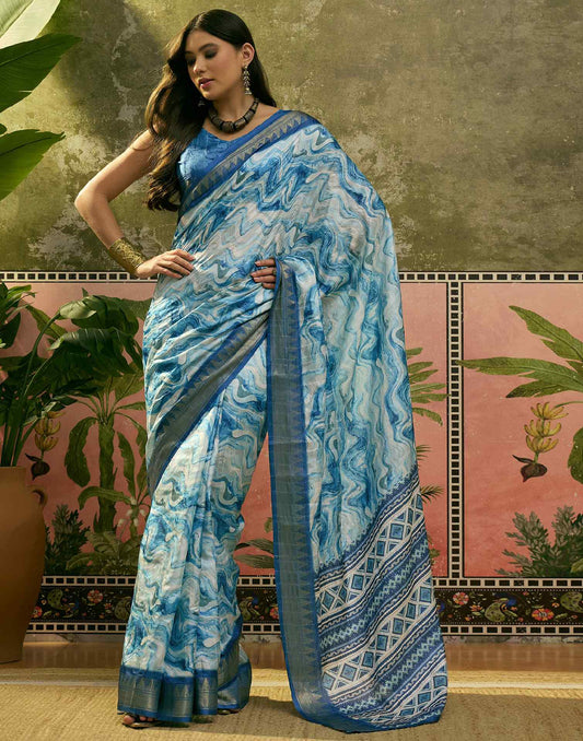 Sky Blue Silk Woven Printed Saree