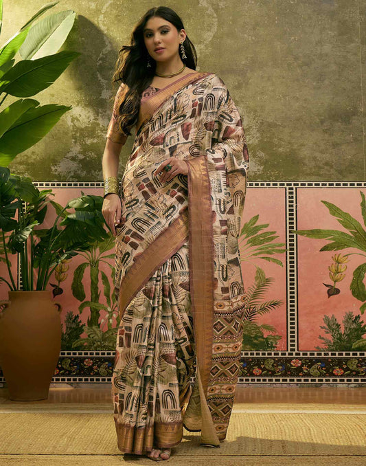 Beige Silk Woven Printed Saree