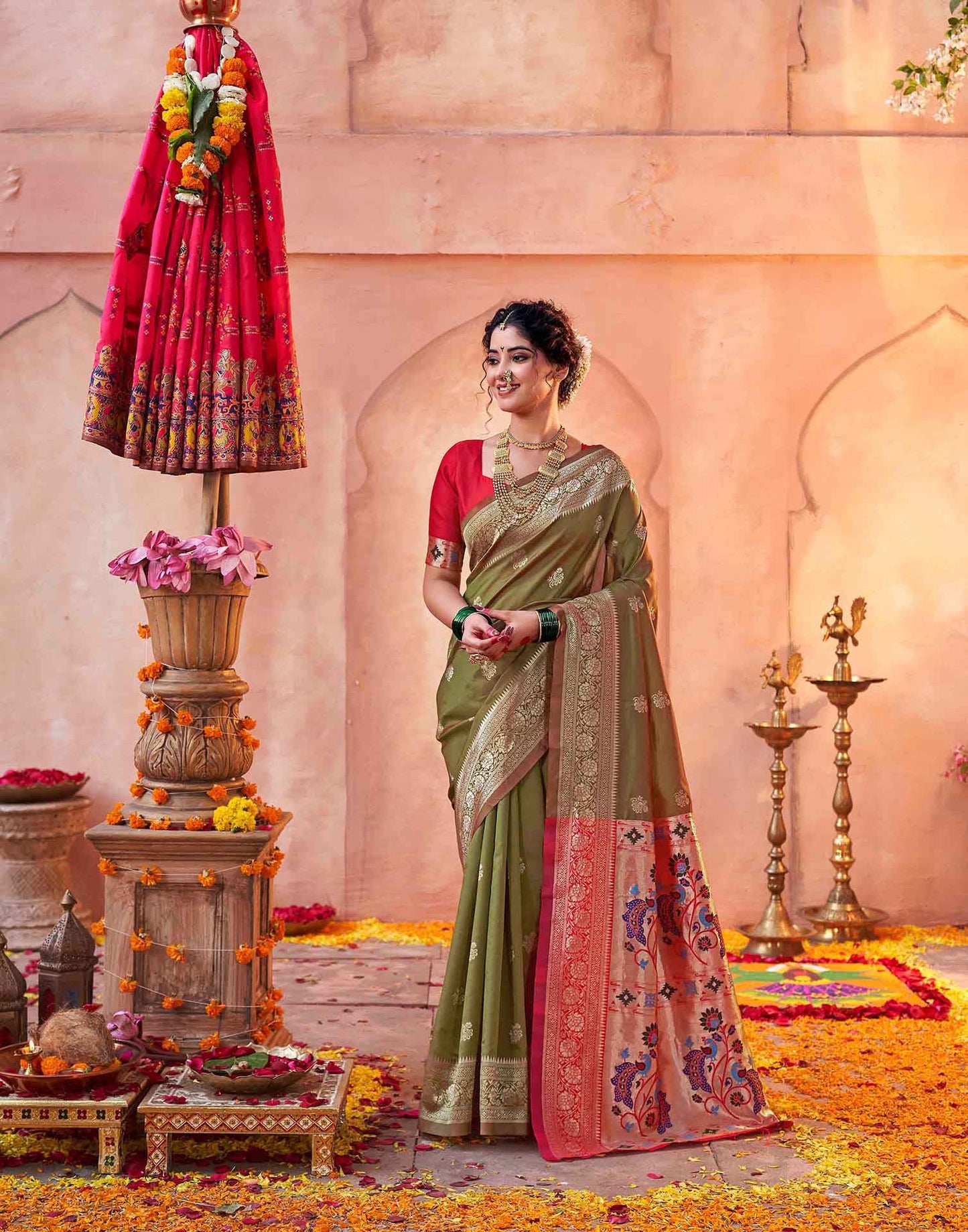 Olive Green Silk Woven Paithani Saree
