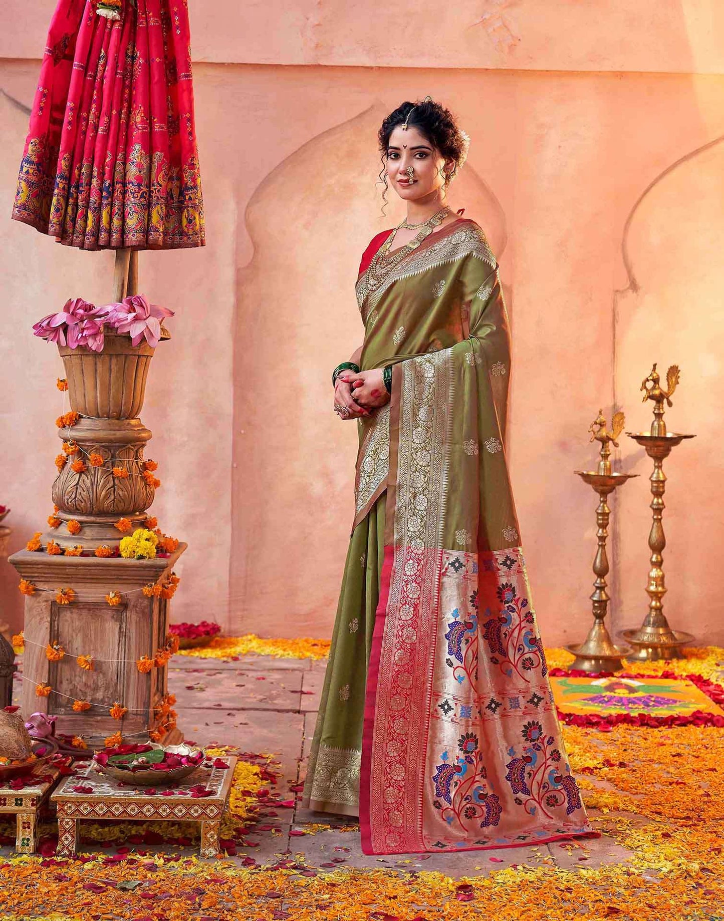 Olive Green Silk Woven Paithani Saree