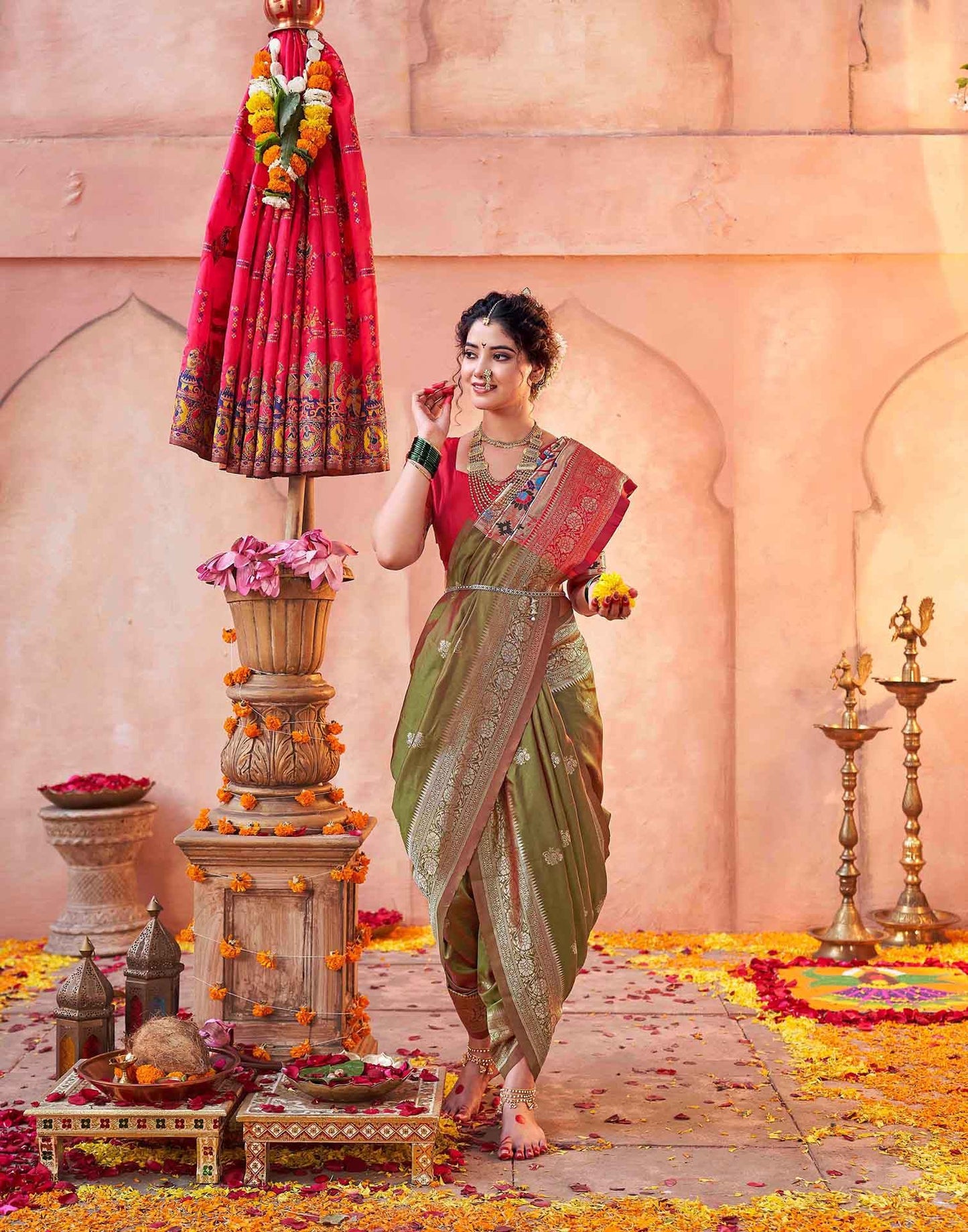 Olive Green Silk Woven Paithani Saree