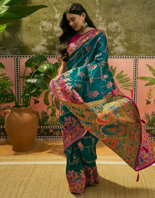 Teal Green Silk Woven Kalamkari Saree
