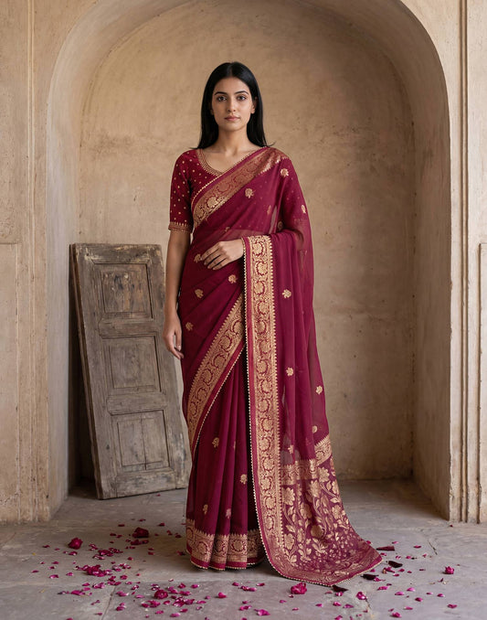 Maroon Georgette Foil Printed Saree