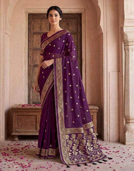 Wine Georgette Foil Printed Saree