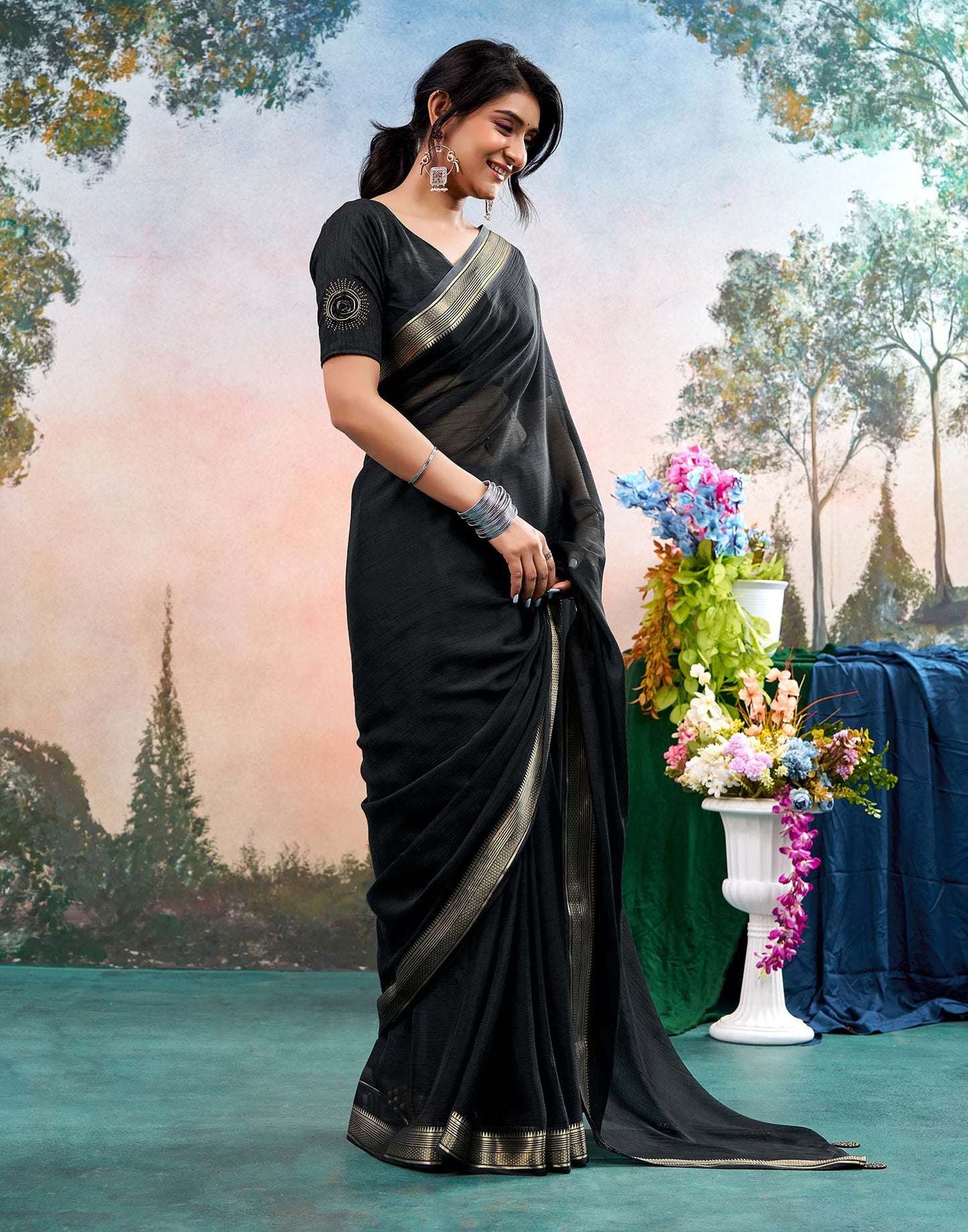 Black Chiffon Woven Border Saree