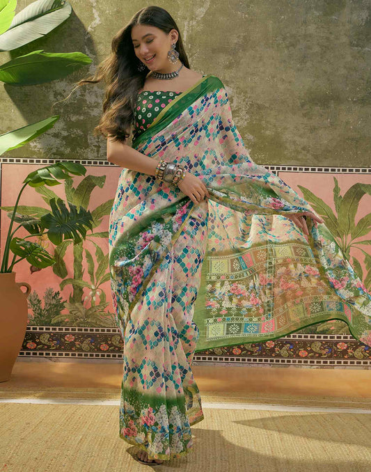 Beige Cotton Linen Printed Saree
