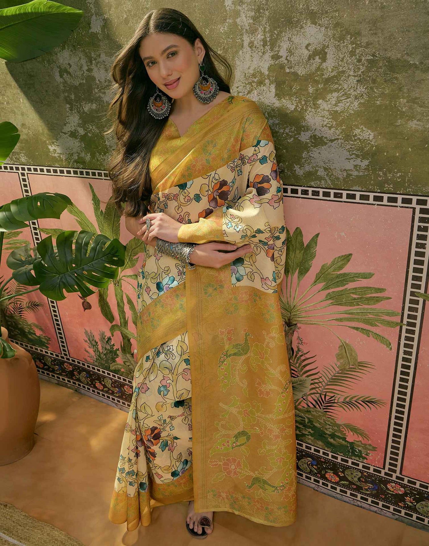 Beige Shimmer Silk Floral Printed Saree