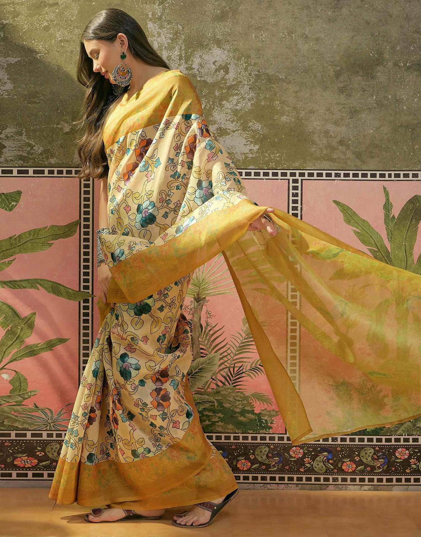 Beige Shimmer Silk Floral Printed Saree