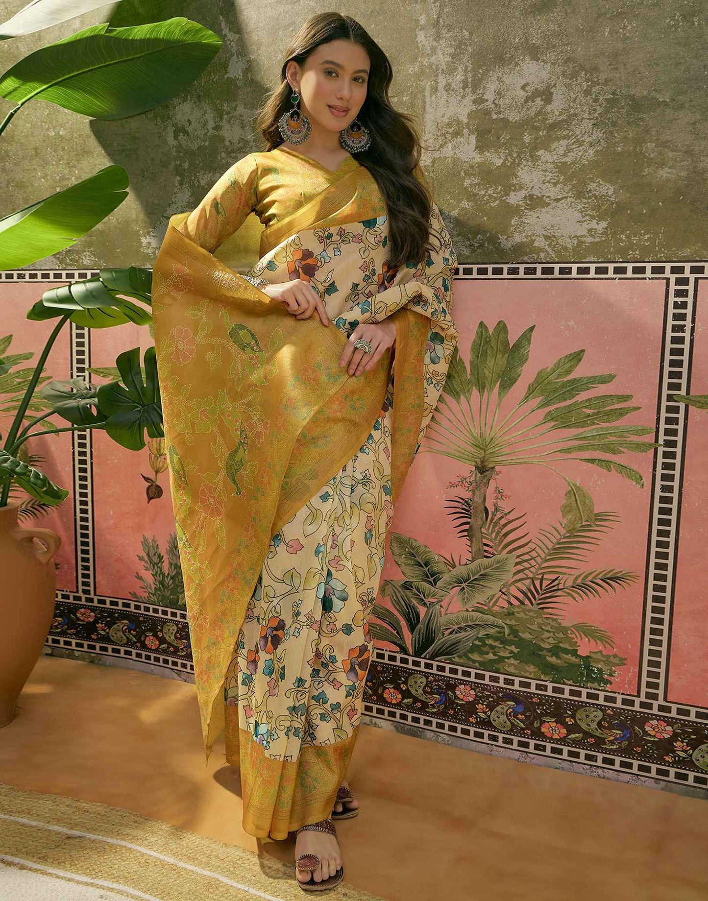 Beige Shimmer Silk Floral Printed Saree