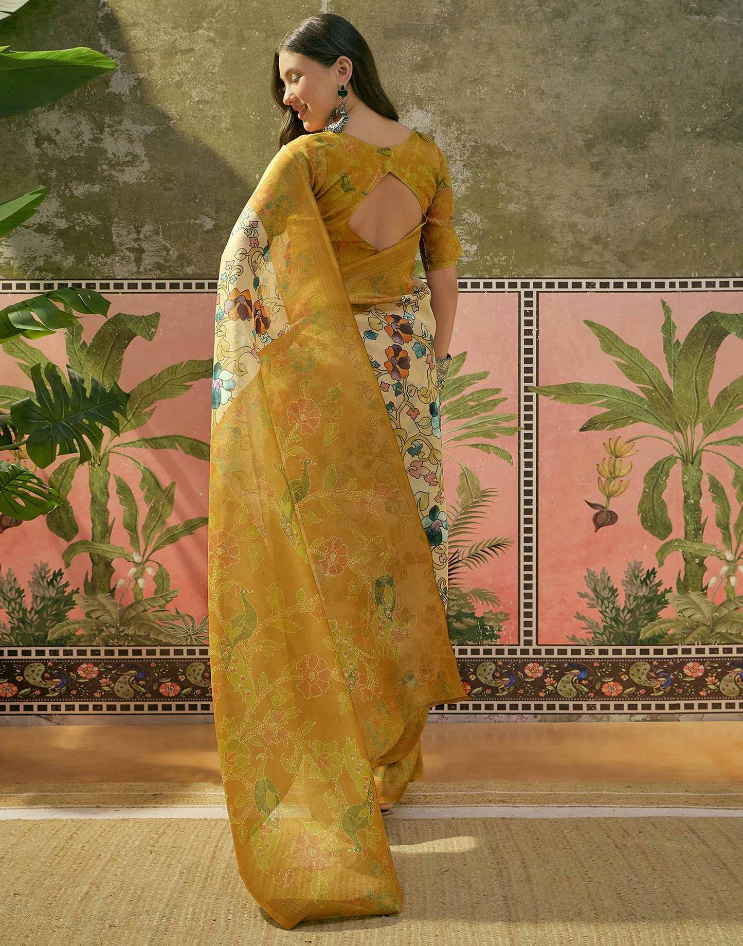 Beige Shimmer Silk Floral Printed Saree