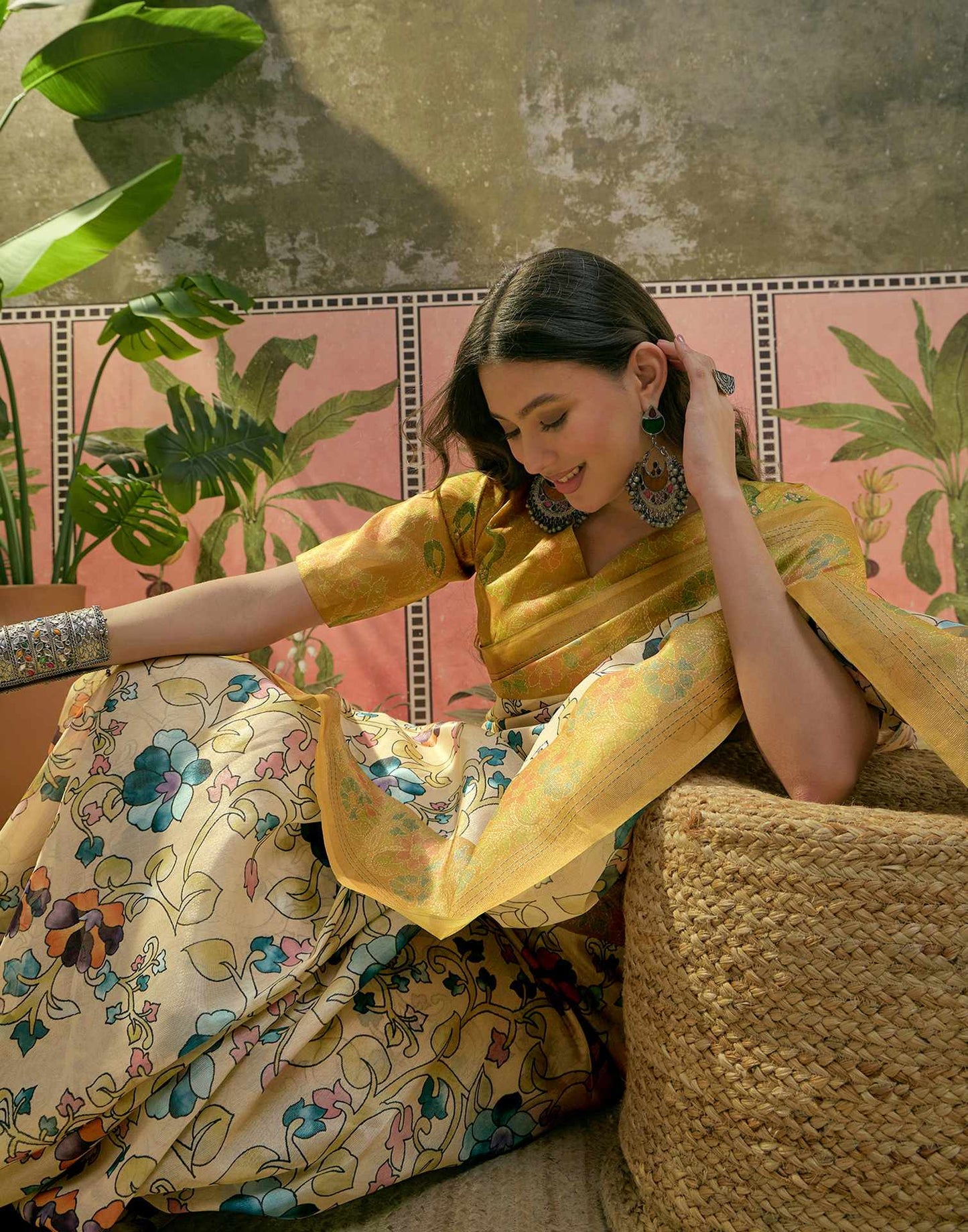 Beige Shimmer Silk Floral Printed Saree