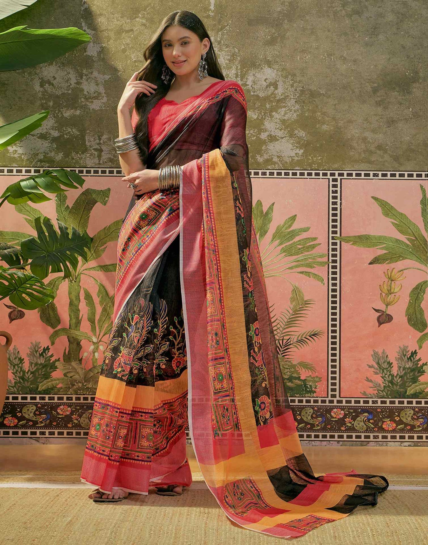 Black Cotton Linen Printed Saree