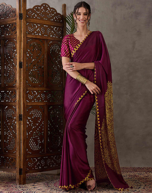 Dark Purple Satin Printed Saree