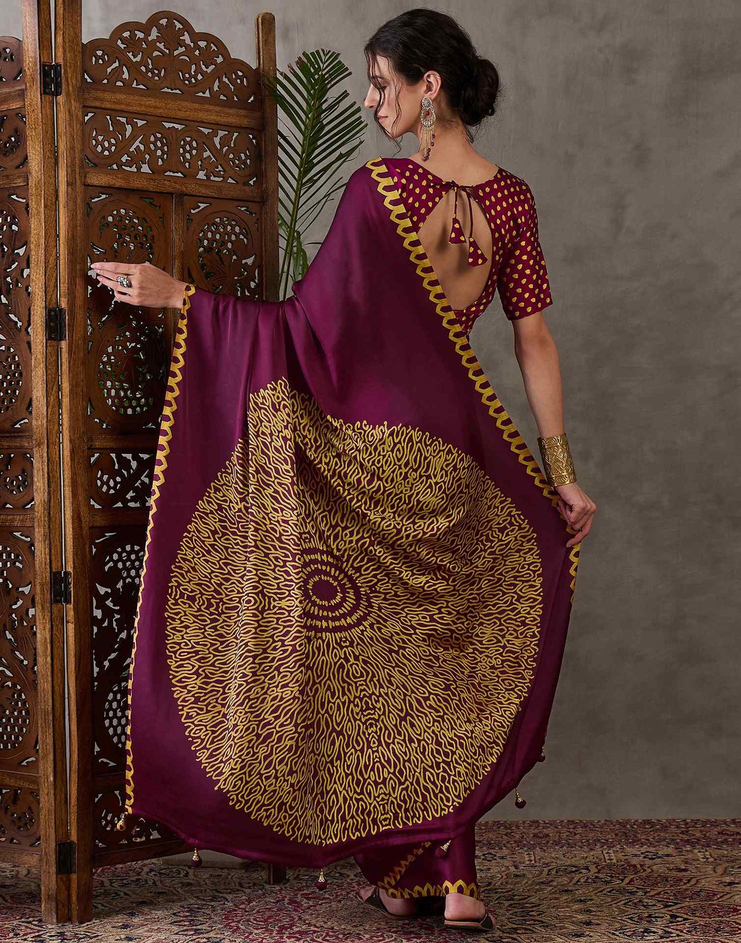 Dark Purple Satin Printed Saree