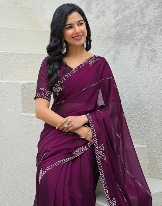 Dark Purple Silk Stone Work Swarovski Saree