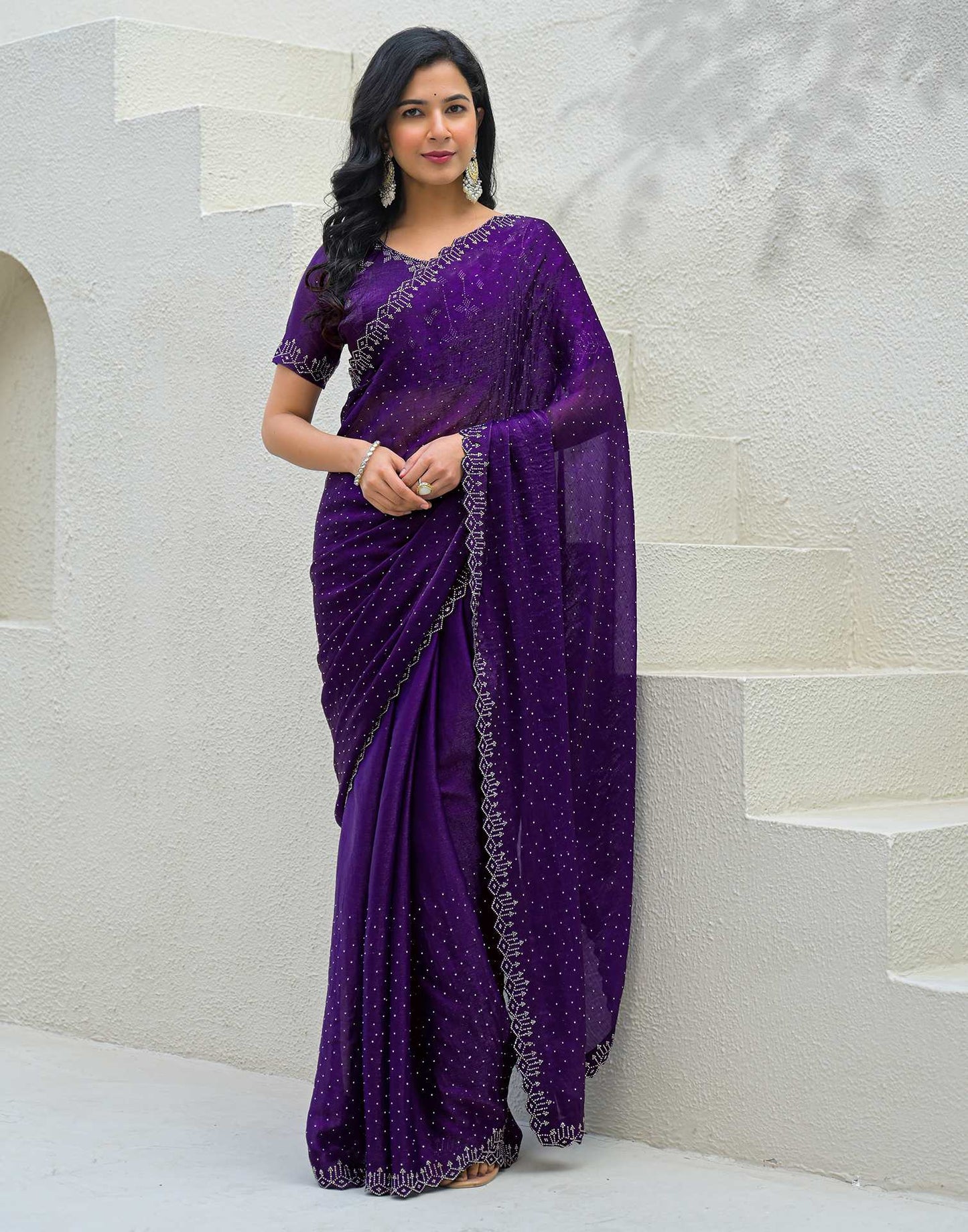 Dark Purple Shimmer Stone Work Swarovski Saree