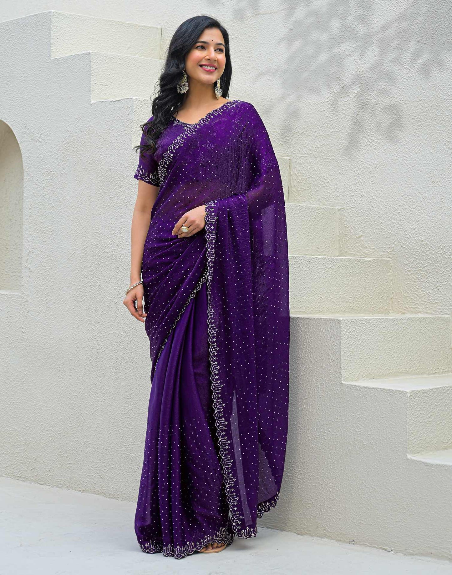 Dark Purple Shimmer Stone Work Swarovski Saree