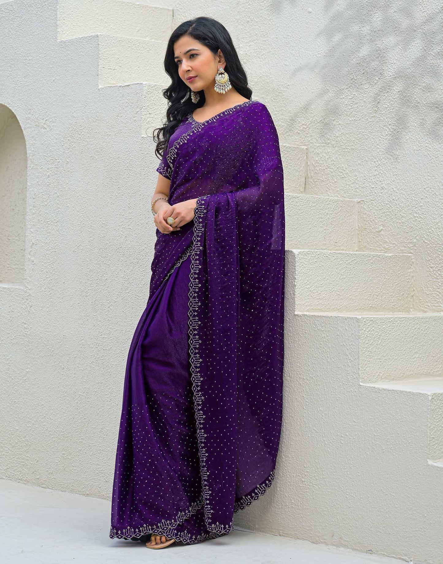 Dark Purple Shimmer Stone Work Swarovski Saree