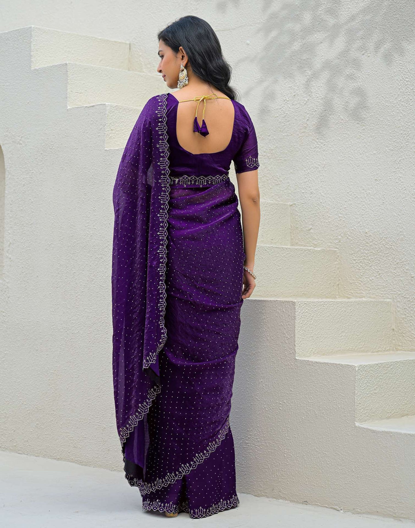 Dark Purple Shimmer Stone Work Swarovski Saree