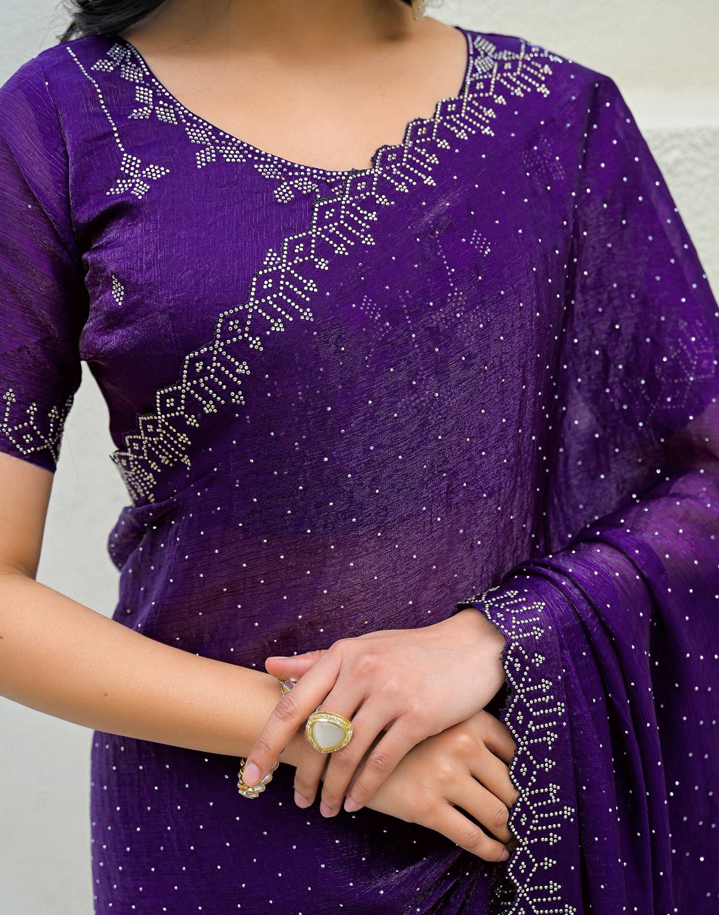 Dark Purple Shimmer Stone Work Swarovski Saree