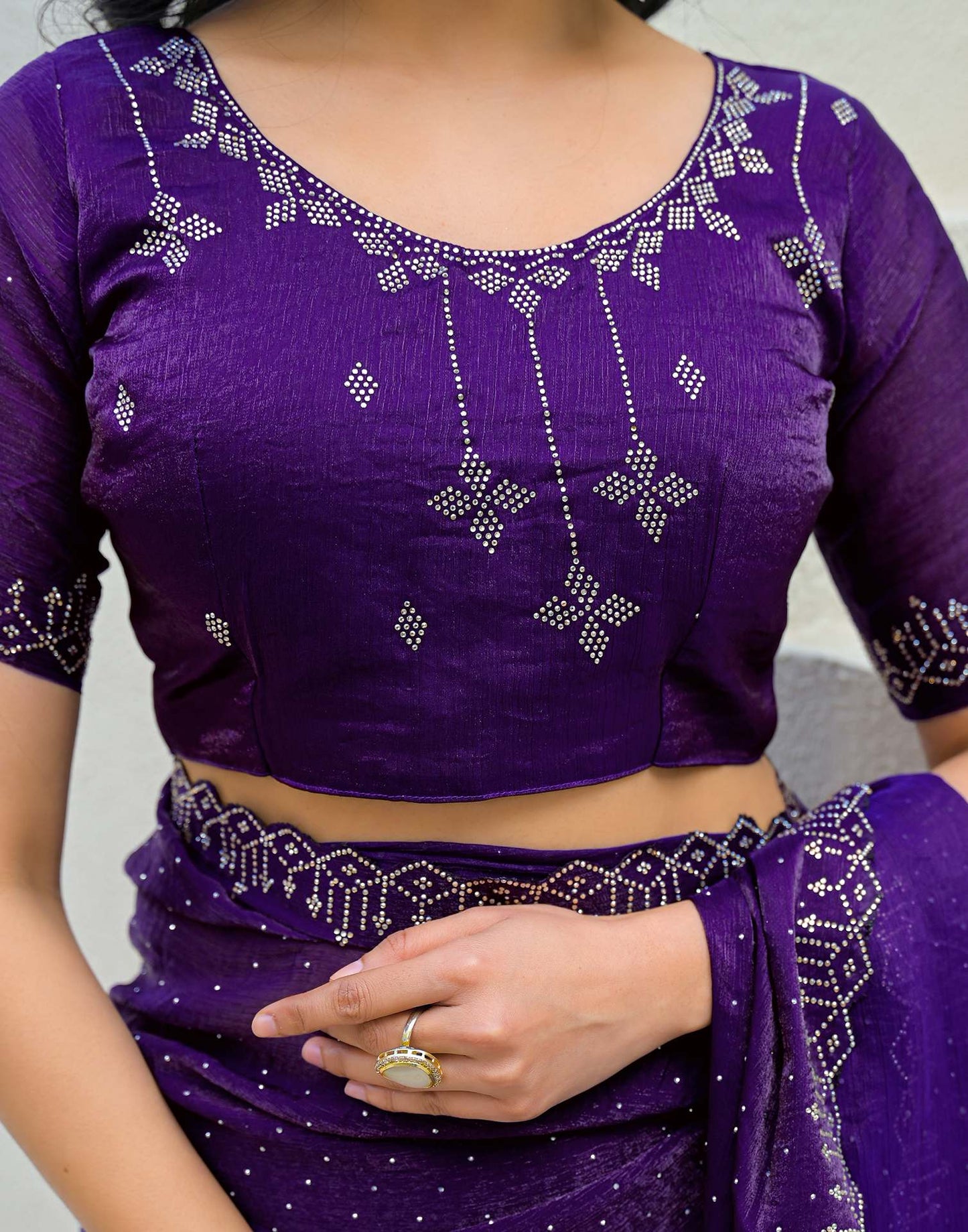Dark Purple Shimmer Stone Work Swarovski Saree