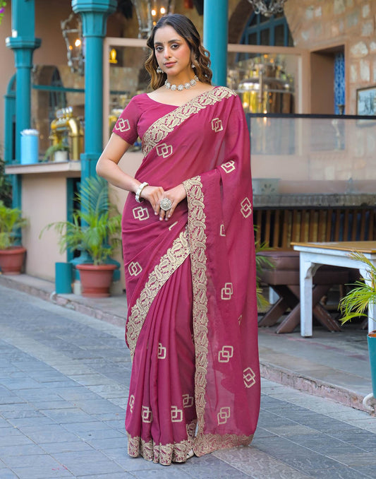 Dark Pink Shimmer Embroidery Saree