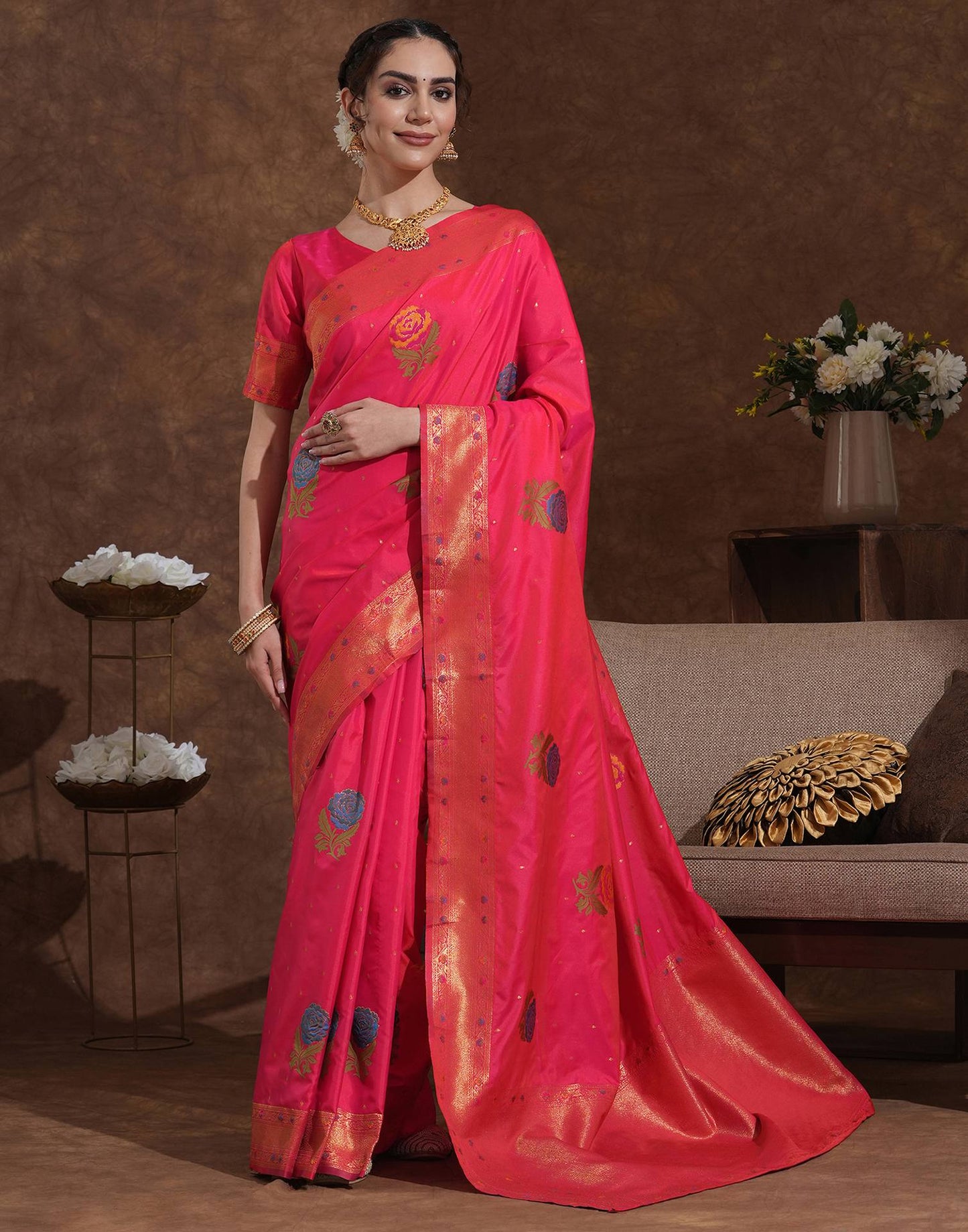 Bright Pink Silk Woven Banarasi Saree