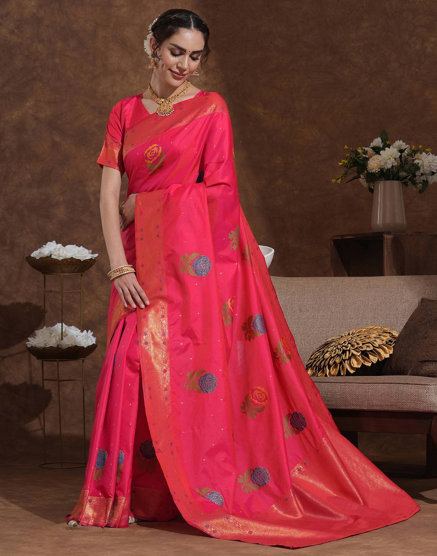 Bright Pink Silk Woven Banarasi Saree