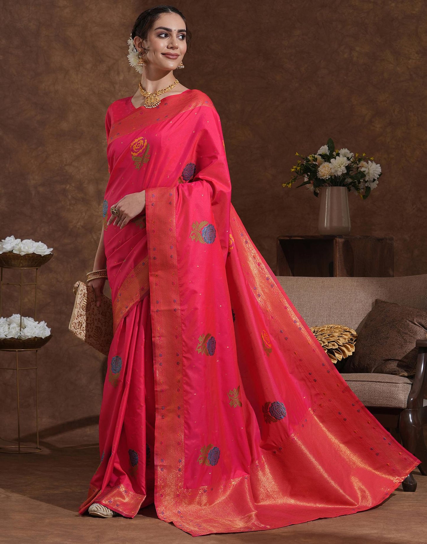 Bright Pink Silk Woven Banarasi Saree