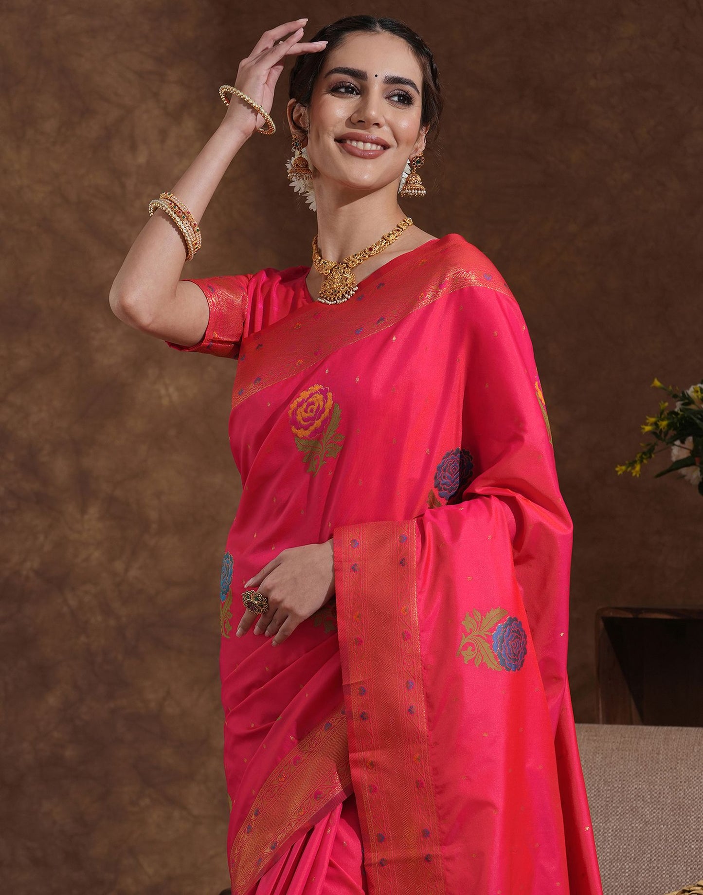 Bright Pink Silk Woven Banarasi Saree