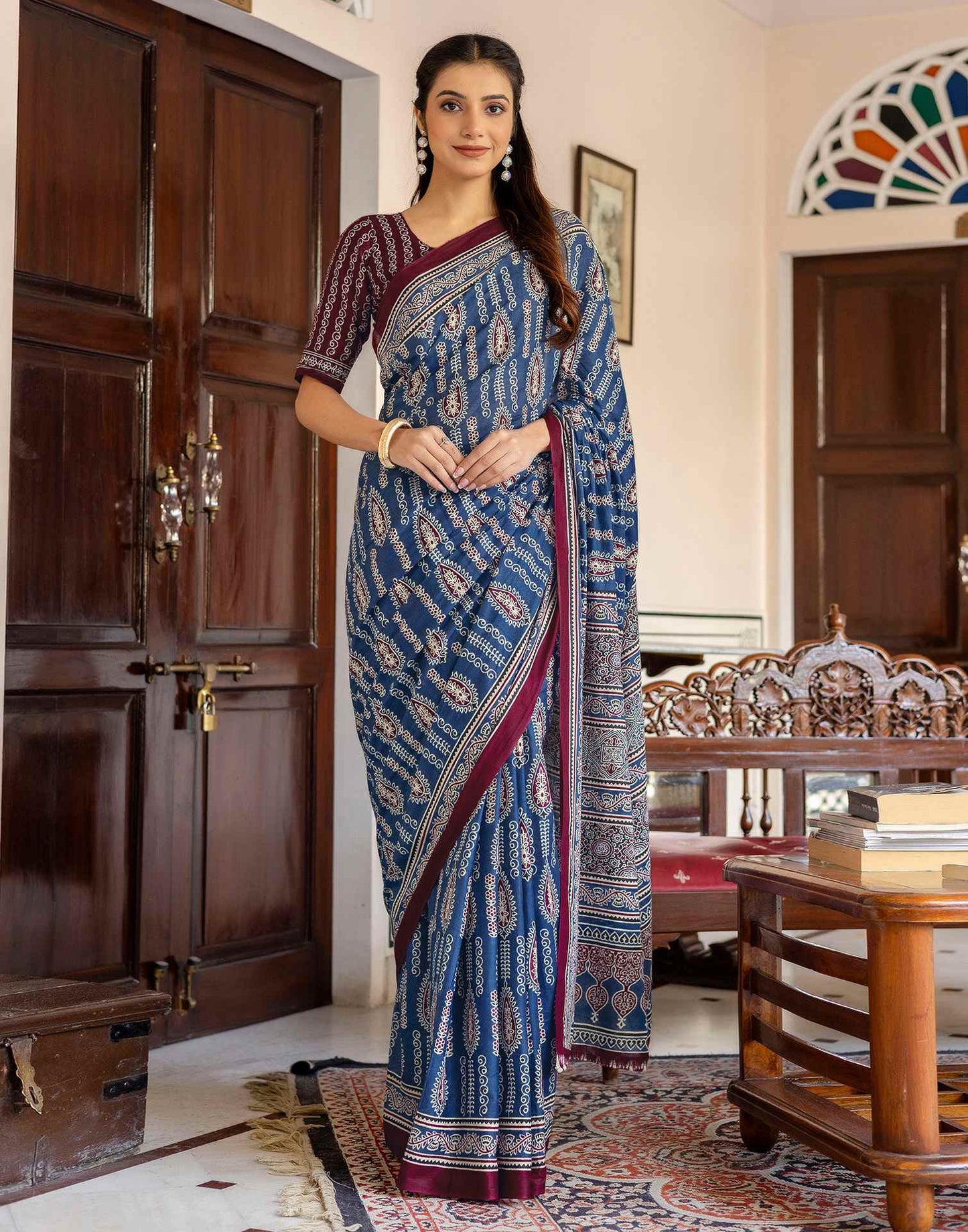 Blue Cotton Printed Saree