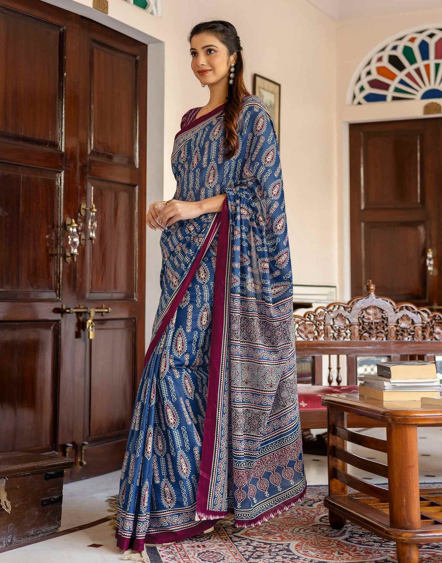 Blue Cotton Printed Saree